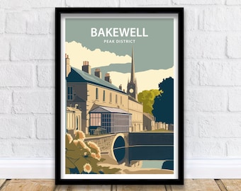 Bakewell Print Bakewell Peak Distrikt Wand Kunst Bakewell Haus Wohnen Dekor Bakewell Illustration Reise Poster Geschenk Reise Poster