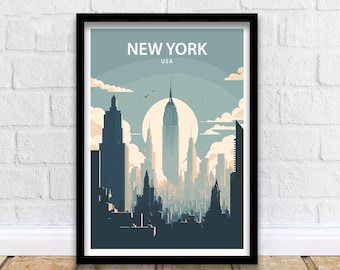 Puede incluir: Un póster de estilo vintage con una combinación de colores azul y blanco que presenta un horizonte de la ciudad de Nueva York con el Empire State Building en el centro. El texto "NEW YORK USA" está en la parte superior del póster.