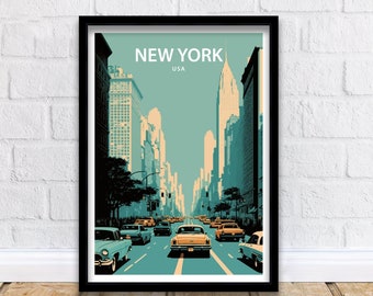 Puede incluir: Un póster de estilo vintage con un fondo azul verdoso que presenta una ciudad de Nueva York con el texto "NEW YORK USA" en la parte superior. El póster representa una escena de calle con edificios altos y taxis amarillos.