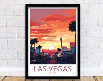 May include: A colorful illustration of the Las Vegas skyline at sunset. The image features palm trees, buildings, and the iconic Stratosphere Tower. The text "LAS VEGAS, NEVADA" is at the bottom of the image.