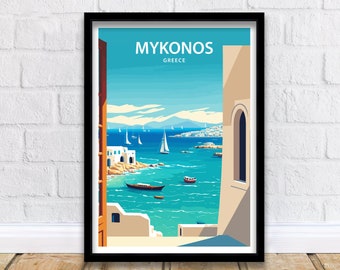 Puede incluir: Un cartel de viaje vintage con una combinación de colores azul y blanco que presenta una vista del océano con veleros y una ciudad en la distancia. El texto "MYKONOS GRECIA" está en la parte superior del cartel.