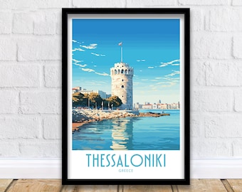 May include: A vintage travel poster featuring a white tower with a red flag on top, overlooking a blue body of water. The text "THESSALONIKI GREECE" is at the bottom of the poster.