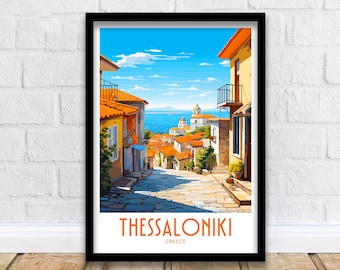 May include: A colorful illustration of a street scene in Thessaloniki, Greece. The street is lined with colorful buildings and cobblestone streets. The view from the street looks out over the ocean and a small island. The text "THESSALONIKI GREECE" is at the bottom of the image.