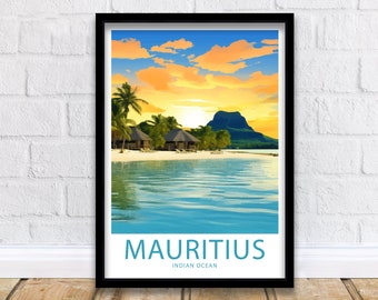 May include: A vintage travel poster depicting a sunset over a tropical island with palm trees and a beach. The poster is framed in black and features the text "Mauritius, Indian Ocean" at the bottom.
