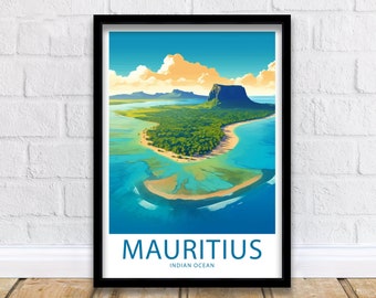 May include: A colourful illustration of Mauritius, an island in the Indian Ocean. The island is surrounded by turquoise water and has a green, mountainous landscape. The text "Mauritius" and "Indian Ocean" is printed below the image.