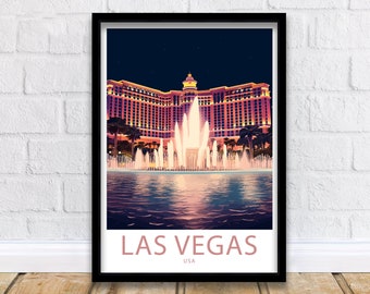 May include: A black framed poster with a colorful illustration of the Bellagio Hotel in Las Vegas, Nevada. The poster features a nighttime view of the hotel with its iconic fountains in the foreground. The text "LAS VEGAS" is printed in pink at the bottom of the poster.