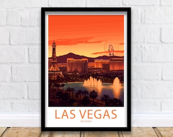 May include: A vintage-style poster with an orange sunset background featuring a cityscape of Las Vegas, Nevada. The poster includes the text "LAS VEGAS" and "NEVADA".