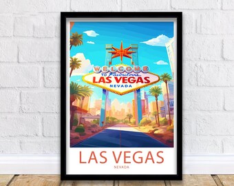 May include: A colorful illustration of the iconic "Welcome to Fabulous Las Vegas" sign with palm trees and a road leading to the city skyline. The text "Las Vegas, Nevada" is printed below the image.