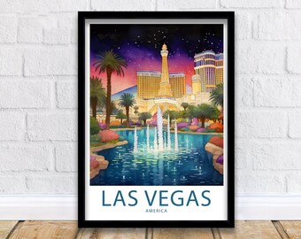 May include: A watercolor painting of the Las Vegas skyline at night. The painting features the Eiffel Tower replica, a fountain, and several casinos. The text "LAS VEGAS" and "AMERICA" is printed at the bottom of the painting.