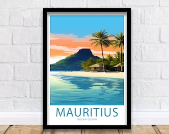 May include: A colourful illustration of a tropical island scene with palm trees, a beach, and a mountain in the background. The text "Mauritius Indian Ocean" is at the bottom of the image.
