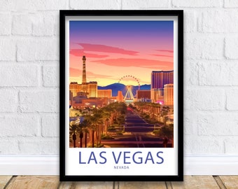 Könnte beinhalten: Eine farbenfrohe Illustration der Skyline von Las Vegas bei Sonnenuntergang. Das Bild zeigt das ikonische High Roller Riesenrad, die Nachbildung des Eiffelturms und andere Gebäude. Der Text "LAS VEGAS, NEVADA" befindet sich am unteren Rand des Bildes.