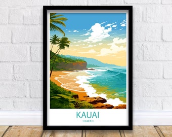 May include: Framed art print featuring a vibrant illustration of a Kauai, Hawaii beach scene. The artwork depicts a sandy beach, turquoise waves, palm trees, and a blue sky. The word "KAUAI" is printed at the bottom.