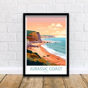 Impresión de viaje de la Costa Jurásica, decoración de pared jurásica, arte jurásico del Reino Unido, póster de arte de pared jurásico del Reino Unido, regalo para amantes de la naturaleza y la historia, póster jurásico