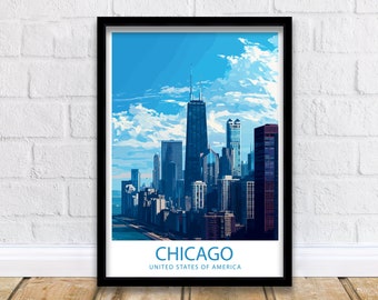 Könnte beinhalten: Ein gerahmter Druck einer Skyline mit hohen Gebäuden vor einem blauen Himmel mit weißen Wolken. Der Text "CHICAGO" und "UNITED STATES OF AMERICA" befindet sich am unteren Rand des Drucks.