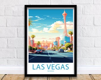 May include: A colorful illustration of the Las Vegas skyline with palm trees, cars, and the iconic Stratosphere Tower. The text "LAS VEGAS, NEVADA" is at the bottom of the image.