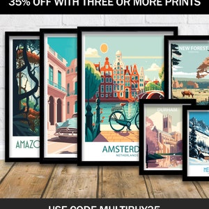 May include: Five framed prints of cityscapes and landscapes. The prints are in black frames and are arranged in a row on a wooden surface. The prints feature scenes from Amsterdam, Durham, New Forest, and two other locations. The text "35% OFF WITH THREE OR MORE PRINTS" is at the top of the image. The text "USE CODE MULTIBUY35" is at the bottom of the image.