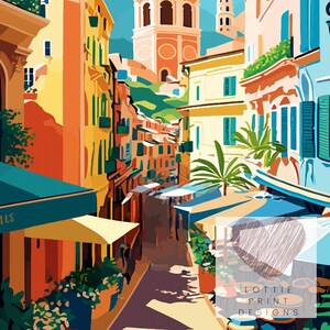 May include: A colorful illustration of a narrow street in a European city. The street is lined with tall buildings with yellow, orange, and red facades. There are palm trees and cafe tables with umbrellas in the street. The text "LOTTIE PRINT DESIGNS" is visible in the lower right corner.