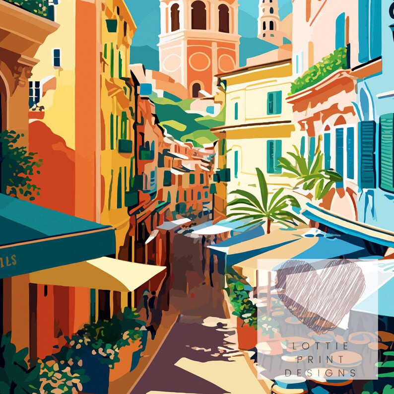 May include: A colorful illustration of a narrow street in a European city. The street is lined with tall buildings with yellow, orange, and red facades. There are palm trees and cafe tables with umbrellas in the street. The text "LOTTIE PRINT DESIGNS" is visible in the lower right corner.
