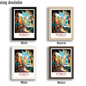 May include: Four different framing options for a colorful illustration of a street scene in Monaco, French Riviera. The framing options are black, natural, white, and walnut.