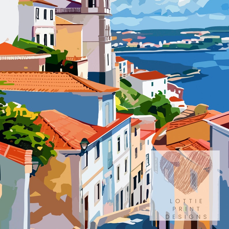 Pu&ograve; includere: Un'illustrazione colorata di una citt&agrave; con edifici, tetti e un'estensione d'acqua blu sullo sfondo. Gli edifici sono dipinti in tonalit&agrave; di arancione, giallo, rosso e blu. L'illustrazione &egrave; intitolata "Lottie Print Designs".