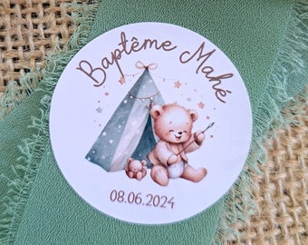 Etiquettes autocollantes rondes pour baptême ou anniversaire Thème ourson