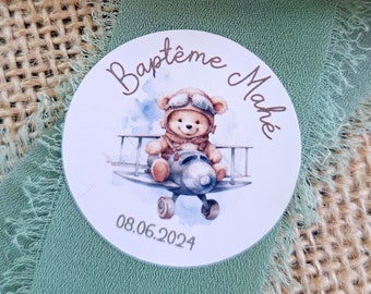 Etiquettes autocollantes rondes pour baptême ou anniversaire Thème ourson