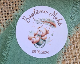 Etiquettes autocollantes rondes pour baptême ou anniversaire Thème ourson