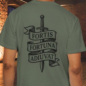 Fortis Fortuna Adiuvat Shirt | Latin Motto Comfort Colors Tee | Fortune Favors The Brave Back Print w Pocket Design Medieval Warrior T-Shirt