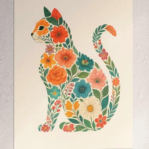 Floral Cat Art Print | Cottagecore Botanical Cat Poster | Boho Cat Wall Decor | Matte Vertical Giclée Print | Gift for Cat Lovers | Cat Art