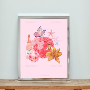 Puede incluir: Una ilustración acuarela rosa y blanca de una botella de vino rosado, un lazo rosa, una frambuesa, una mariposa, una abeja, un lirio y estrellas de mar sobre un fondo rosa.