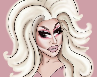 Puede incluir: Una ilustración digital de una persona con el pelo largo, blanco y ondulado. La persona lleva lápiz labial rosa y tiene un rubor rosa en las mejillas. El fondo es de color rosa claro.