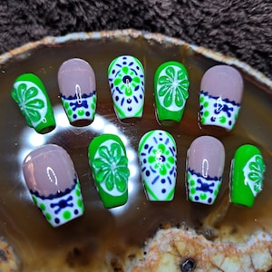 3D Citrus Lime Summer Custom Press On Nails: Hand Painted Gel-X, Short Coffin Shape