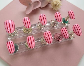 Pink and Burgundy Stripe Press On Nails, Hand Painted Apres Extra Short Round