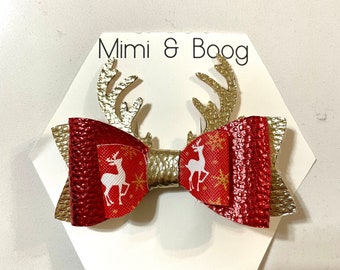 Christmas hair bows, reindeer bow, Santa bow, red and gold hair bow, holiday hair bow, hair bow, Christmas bow, bows, faux leather bow, bows