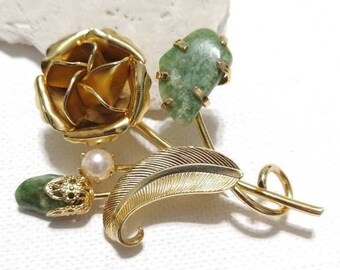 Vintage Gold Plated Rose Brooch With Jade And Pearl Accents, Vintage Jade And Pearl Brooch, Vintage Rose Brooch, Vintage Gemstone Brooch