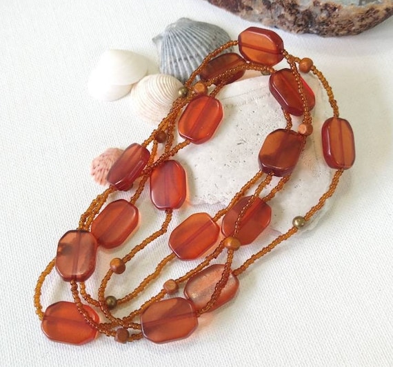 Vintage Golden Brown Beaded Necklace, Long Beaded… - image 1