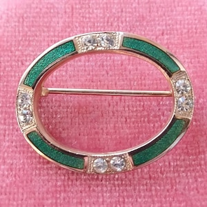 Vintage gold plated green enamel rhinestone oval brooch, portal brooch, enamel brooch, green enamel, rhinestone brooch, costume jewelry