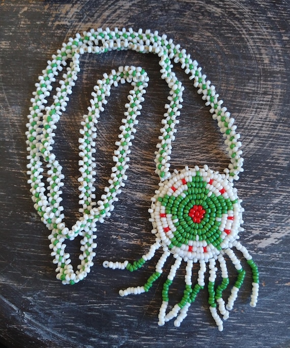 Vintage native American seed bead shield necklace, seed bead necklace, beaded necklace, green seed bead necklace