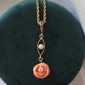 Antique Edwardian 14k gold old mine cut diamond and seed pearl carved coral rose bud pendant necklace, cottage core, antique floral jewelry