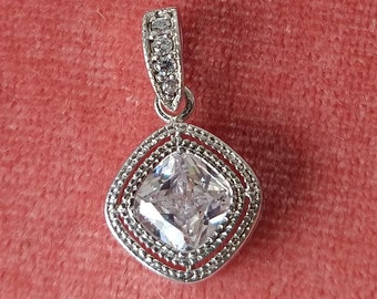 Vintage silver plated cushion cut cz pendant, costume jewelry, fashion jewelry, cz jewelry, cz pendant, cushion cut, layering pendant