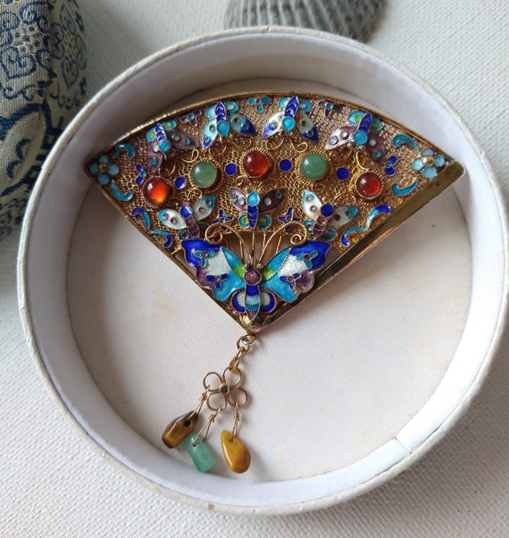 Antique Art Deco gilt silver enamel butterfly fan… - image 7