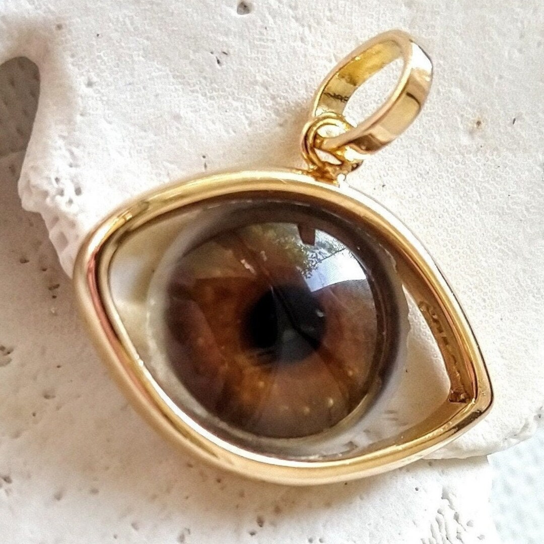 18k Gold Glass Prosthetic Eye Pendant, Evil Eye Pendant, Brown Glass