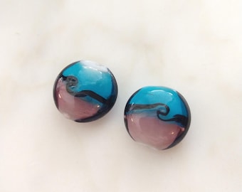 Vintage bicolor purple and blue wave glass beads, flat disk beads