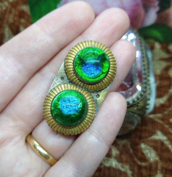 Antique Art Deco peacock eye glass brooch, statement … Gem