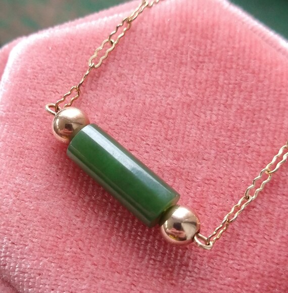 Vintage gold filled green jade bead necklace, vin… - image 4