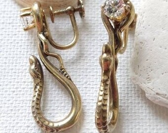 Vintage Gilt Sterling Silver Serpent Earrings, White Topaz Snake Hook