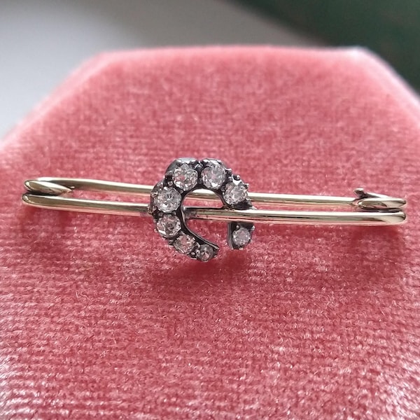 Broche de seguridad antiguo victoriano de oro y plata de 9 quilates con forma de herradura de diamante natural tallado en mina antigua, alfiler de corbata, joyería ecuestre, buena suerte