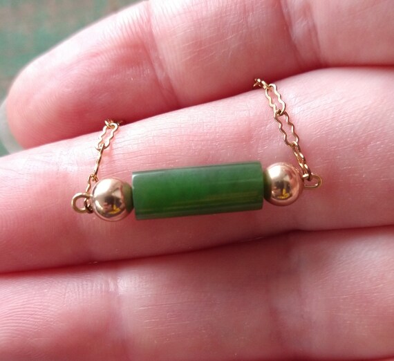 Vintage gold filled green jade bead necklace, vin… - image 7