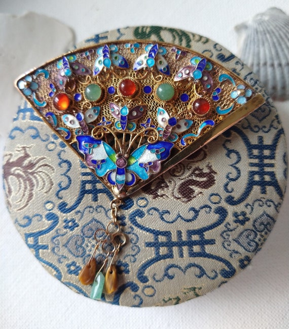 Antique Art Deco gilt silver enamel butterfly fan… - image 5