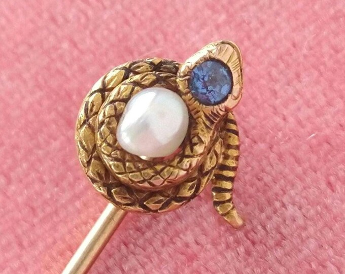 Stick Pin Snake Antique Art Nouveau 14k Gold Snake Stick Pin With Pearl and Sapphire ...